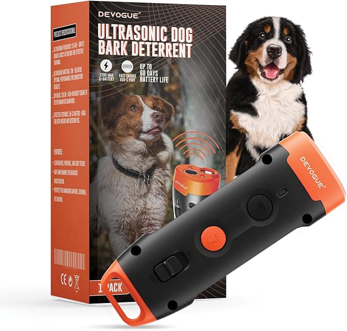 DEVOGUE® Dog Bark Deterrent Devices – Rechargeable Anti Barking Device for Dogs – 10 to 12 Meter Long Range Ultrasonic Dog Bark Deterrent - Correct Your Dog's Bad Behavior Instantly with A Button